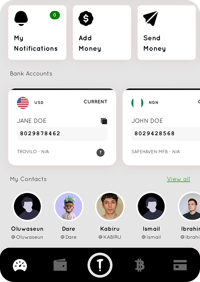 International accounts interface showing USD, EUR, GBP currencies