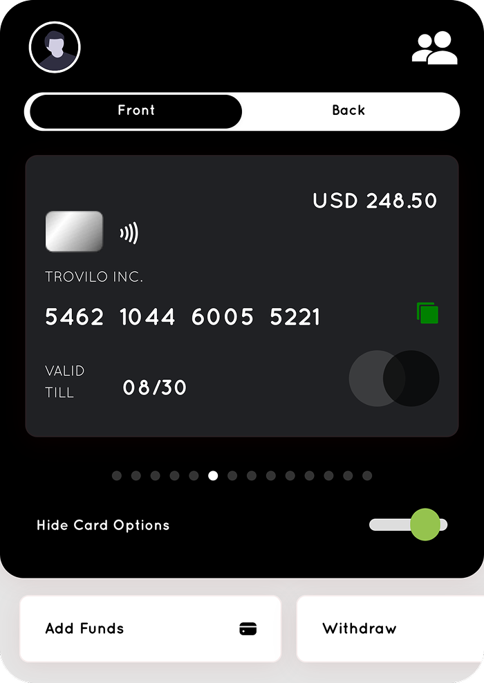Virtual international debit cards interface showing card creation options