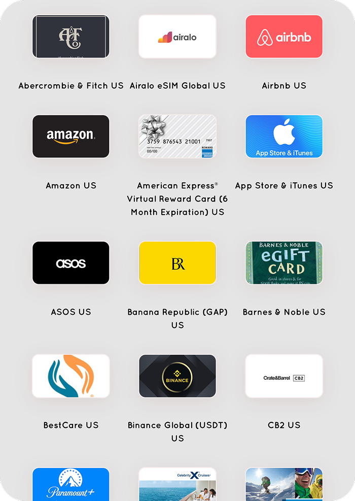 Digital gift cards interface showing global gift card options from 100+ countries