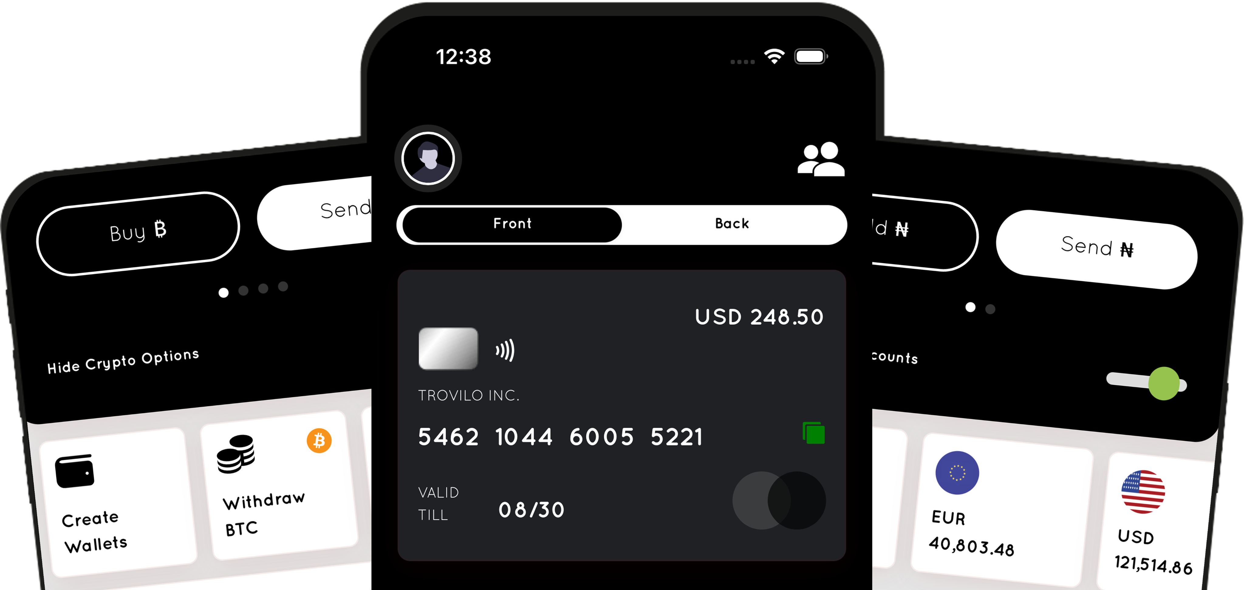 Trovilo app interface showing international money transfer features